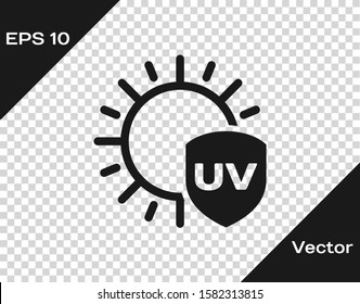 Grey UV protection icon isolated on transparent background. Sun and shield. Ultra violet rays radiation. SPF sun sign.  Vector Illustration