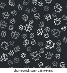 Grey UV protection icon isolated seamless pattern on black background. Sun and shield. Ultra violet rays radiation. SPF sun sign.  Vector Illustration