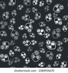 Grey UV protection icon isolated seamless pattern on black background. Sun and shield. Ultra violet rays radiation. SPF sun sign.  Vector Illustration
