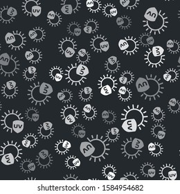 Grey UV protection icon isolated seamless pattern on black background. Sun and shield. Ultra violet rays radiation. SPF sun sign.  Vector Illustration