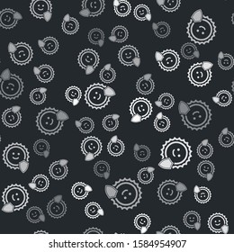 Grey UV protection icon isolated seamless pattern on black background. Sun and shield. Ultra violet rays radiation. SPF sun sign.  Vector Illustration