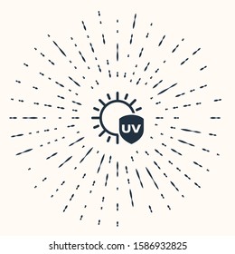 Grey UV protection icon isolated on beige background. Sun and shield. Ultra violet rays radiation. SPF sun sign. Abstract circle random dots. Vector Illustration