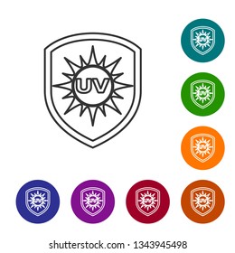 Grey UV protection line icon isolated on white background. Sun and shield. Ultra violet rays radiation. SPF sun sign. Vector Illustration