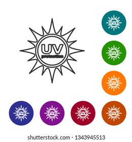 Grey UV protection line icon isolated on white background. Ultra violet rays radiation. SPF sun sign. Vector Illustration
