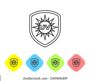 Grey UV protection line icon isolated on white background. Sun and shield. Ultra violet rays radiation. SPF sun sign. Set icon in color rhombus buttons. Vector Illustration