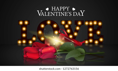 Grey Valentine's Day greeting banner with glowing letters, gift and flowers