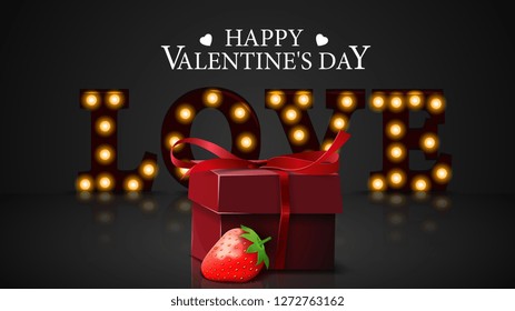 Grey Valentine's Day greeting banner with glowing letters, gift and strawberry