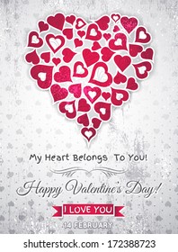 grey valentines day greeting card  with  white heart and wishes text,  vector illustration