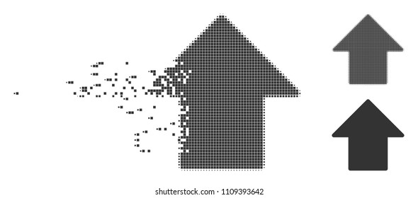 Grey vector arrow up icon in fractured, pixelated halftone and undamaged whole variants. Disintegration effect involves rectangular particles. Elements are composed into disappearing arrow up symbol.