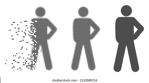 Grey vector audacity pose icon in fractured, pixelated halftone and undamaged whole variants. Disappearing effect involves rectangle particles.