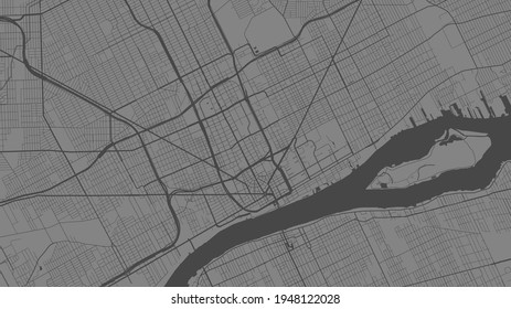Grey vector background map, Detroit city area streets and water cartography illustration. Widescreen proportion, digital flat design streetmap. svg