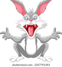 Dibujo gráfico de un vector gris de un conejo sentado con dientes afilados, aislado en blanco