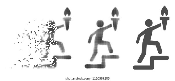 Grey vector climbing leader with torch icon in dissolved, dotted halftone and undamaged entire versions. Disintegration effect uses square particles.