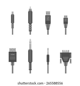Grey vector color outline various audio connectors and inputs set