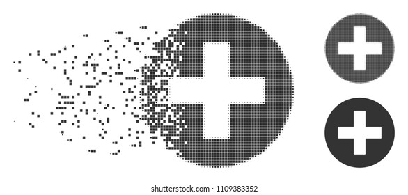 Grey vector create icon in dissolved, pixelated halftone and undamaged whole versions. Disintegration effect uses rectangular particles. Pieces are composed into dispersed create pictogram.