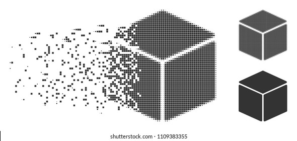 Grey vector cube icon in dissolved, pixelated halftone and undamaged entire variants. Disappearing effect involves rectangle dots. Fragments are arranged into dissolving cube pictogram.