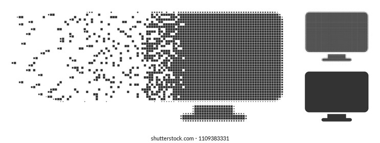 Grey vector desktop icon in fractured, pixelated halftone and undamaged whole versions. Disappearing effect involves rectangle dots. Elements are arranged into dissolving desktop form.