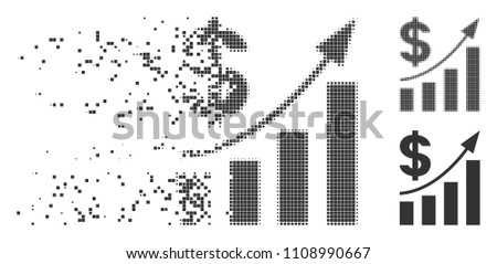 Grey vector dollar bar chart trend icon in dissolved, dotted halftone and undamaged solid versions. Square dots are used for disintegration effect.