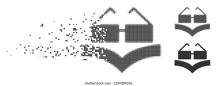 Grey vector education book icon in dispersed, pixelated halftone and undamaged whole variants. Disappearing effect uses square dots. Points are combined into dissolving education book icon.