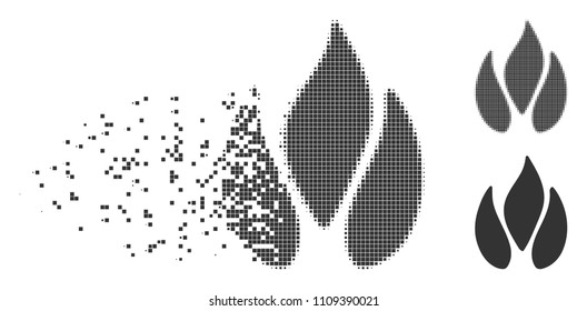 Grey vector fire icon in dispersed, dotted halftone and undamaged solid versions. Disintegration effect uses square dots. Points are organized into dissolving fire shape.