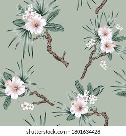 grey vector flowers with green leaves bunches pattern on green background