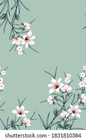 grey vector flowers with green leaves bunches border pattern on green background