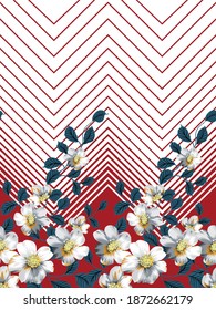 grey vector flowers with leaves border pattern on red stripe background