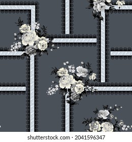 grey vector flowers with leaves bunches bandanna pattern on grey background