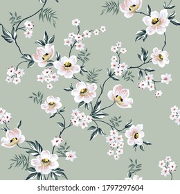 grey vector flowers with leaves pattern on green background