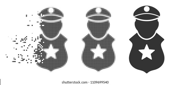 Grey vector guard man icon in dispersed, pixelated halftone and undamaged solid variants. Rectangle dots are used for disintegration effect. Cells are arranged into disappearing guard man pictogram.