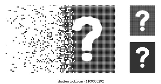 Grey vector help icon in dispersed, pixelated halftone and undamaged solid variants. Disintegration effect involves rectangular particles. Pixels are composed into disappearing help figure.
