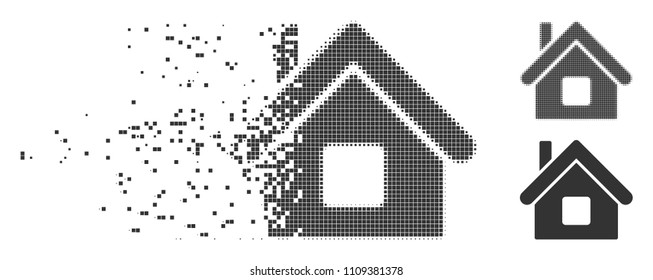 Grey vector home icon in dispersed, dotted halftone and undamaged whole versions. Disappearing effect uses rectangular particles. Points are combined into dissipated home icon.
