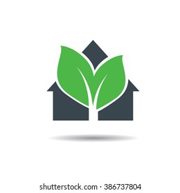 Grey Vector House and Green Leafs. Vector Icon.