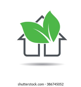 Grey Vector House and Green Leafs. Vector Icon.