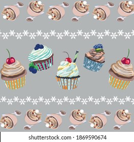 Ilustración vectorial gris con muffinas multicolores y cappuccino