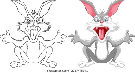 A grey vector illustration of a crazy rabbit cartoon sitting with sharp teeth, isolated on white