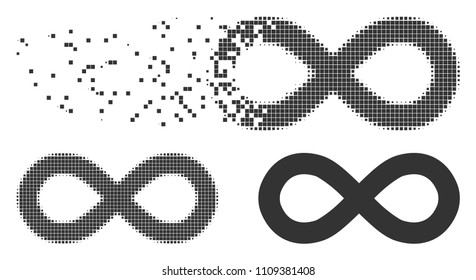 Grey vector infinity icon in dissolved, pixelated halftone and undamaged entire variants. Disintegration effect uses rectangle particles. Points are combined into dispersed infinity icon.