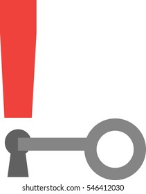 Grey vector key unlocking red exclamation mark keyhole.