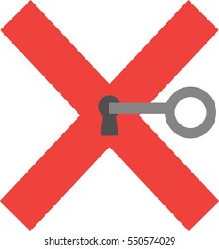 Grey vector key unlocking red x mark keyhole.