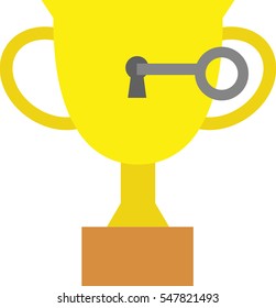 Grey vector key unlocking yellow trophy with keyhole.