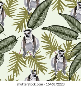 Grey vector lemur with exotic palm leaves seamless repeating pattern background. Perfect for fabrics, apparel, wallpaper, gift wrap, scrapbooking projects.