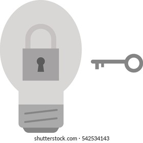 Grey vector light bulb with padlock and grey key.