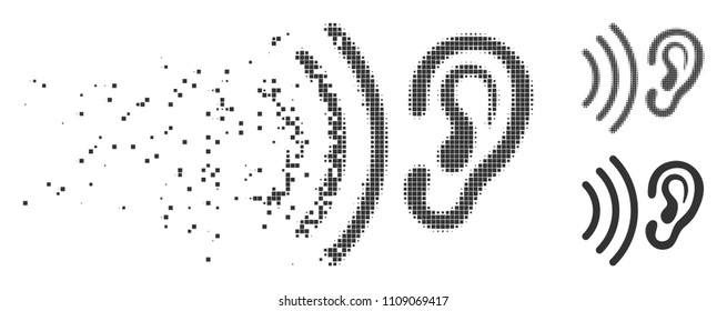 Grey vector listen icon in fractured, pixelated halftone and undamaged solid variants. Rectangle particles are used for disappearing effect. Particles are composed into dispersed listen icon.