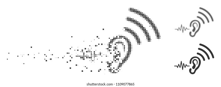 Grey vector listen and transmit icon in dispersed, dotted halftone and undamaged whole versions. Rectangular particles are used for disintegration effect.