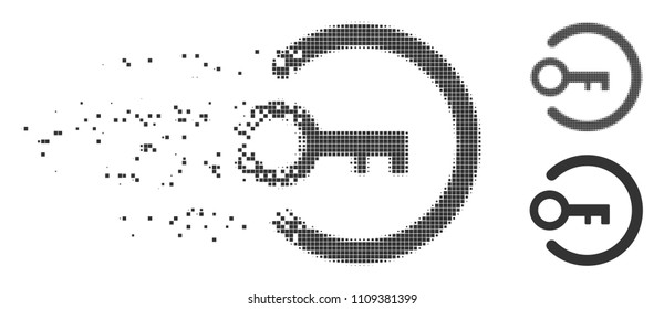 Grey vector login key icon in dissolved, pixelated halftone and undamaged entire versions. Disintegration effect involves square dots. Pixels are grouped into dispersed login key symbol.