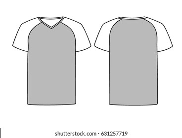 Grey vector male's or female's V-neck T-shirt template with white sleeves, in black contour. Front & back sides. Mock up. Isolated on white background.