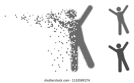 Grey vector man joy icon in dissolved, dotted halftone and undamaged solid variants. Disappearing effect involves rectangular dots. Pieces are composed into dissipated man joy figure.