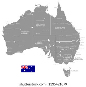 Grey Vector Map of Australia with Administrative borders and City and Region Names
