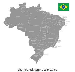 Grey Vector Map of Brazil with Administrative borders and City and Region Names