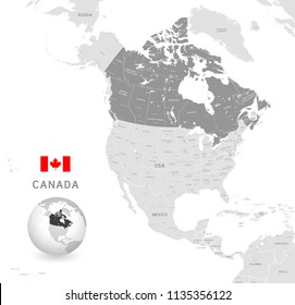 Grey Vector Map of Canada with Administrative borders, City and Region Names, international bordering countries and a 3D Globe centered on Canada